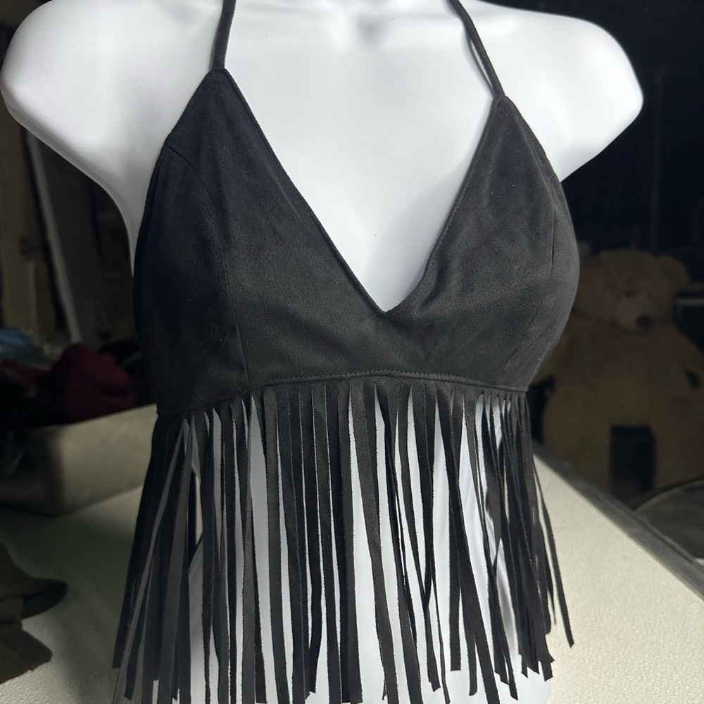 Black Fringe Halter Top